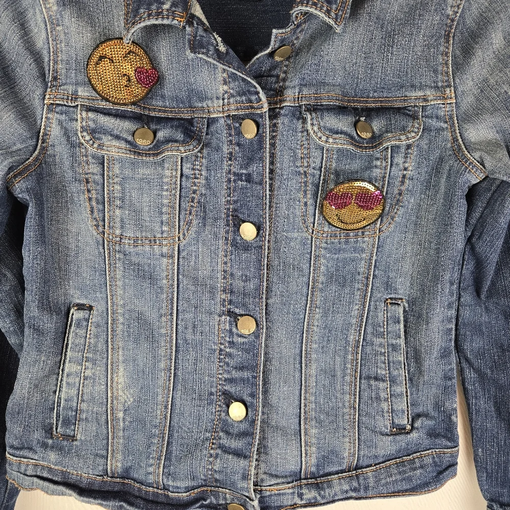 Gap Kids Blue Denim Jean Jacket Girls Size XL With Sequin Emoji Pins
